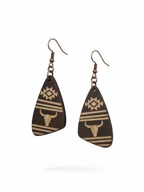 Wooden Bull Motif Dangle Earrings – Dark Brown